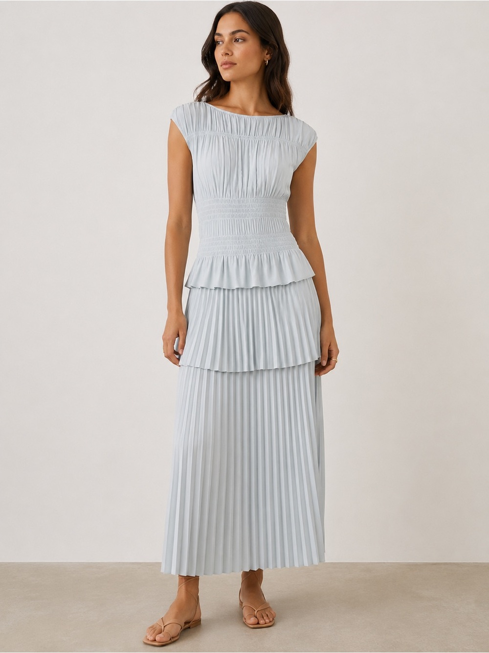 Rebecca Taylor Glacier Blue Smocked Pleated Tiered Maxi Dress NWT Size M 6-8
